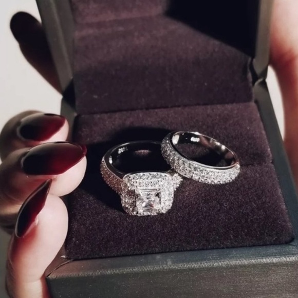 💍NEW 925 STERLING SILVER PRINCESS HALO RING SET💍 - Picture 8 of 8